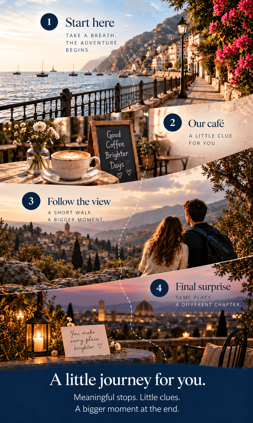 A four-stop surprise journey through a seaside town, café, viewpoint, and final candlelit message