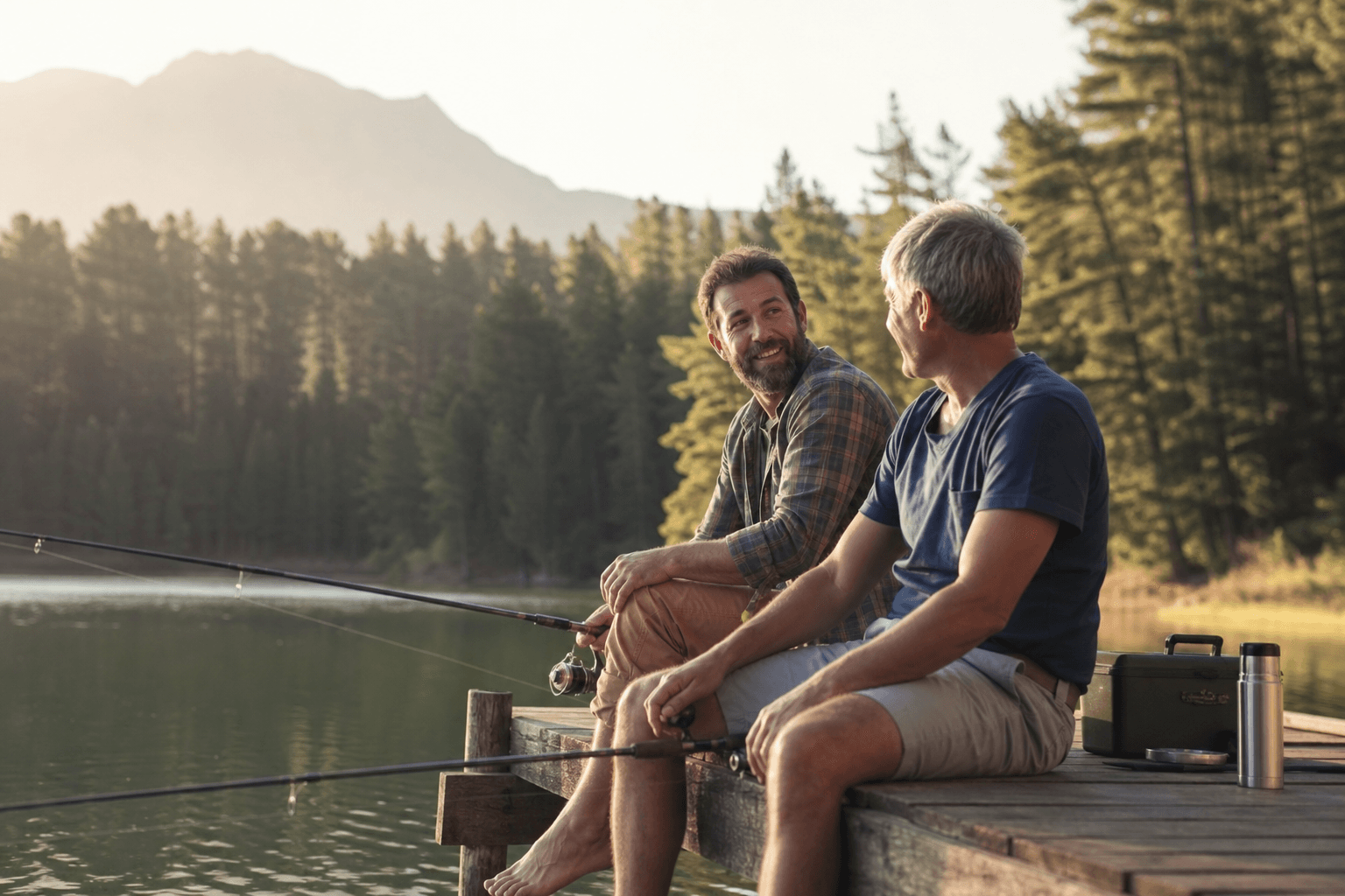 Two friends fishing together beside a peaceful lake