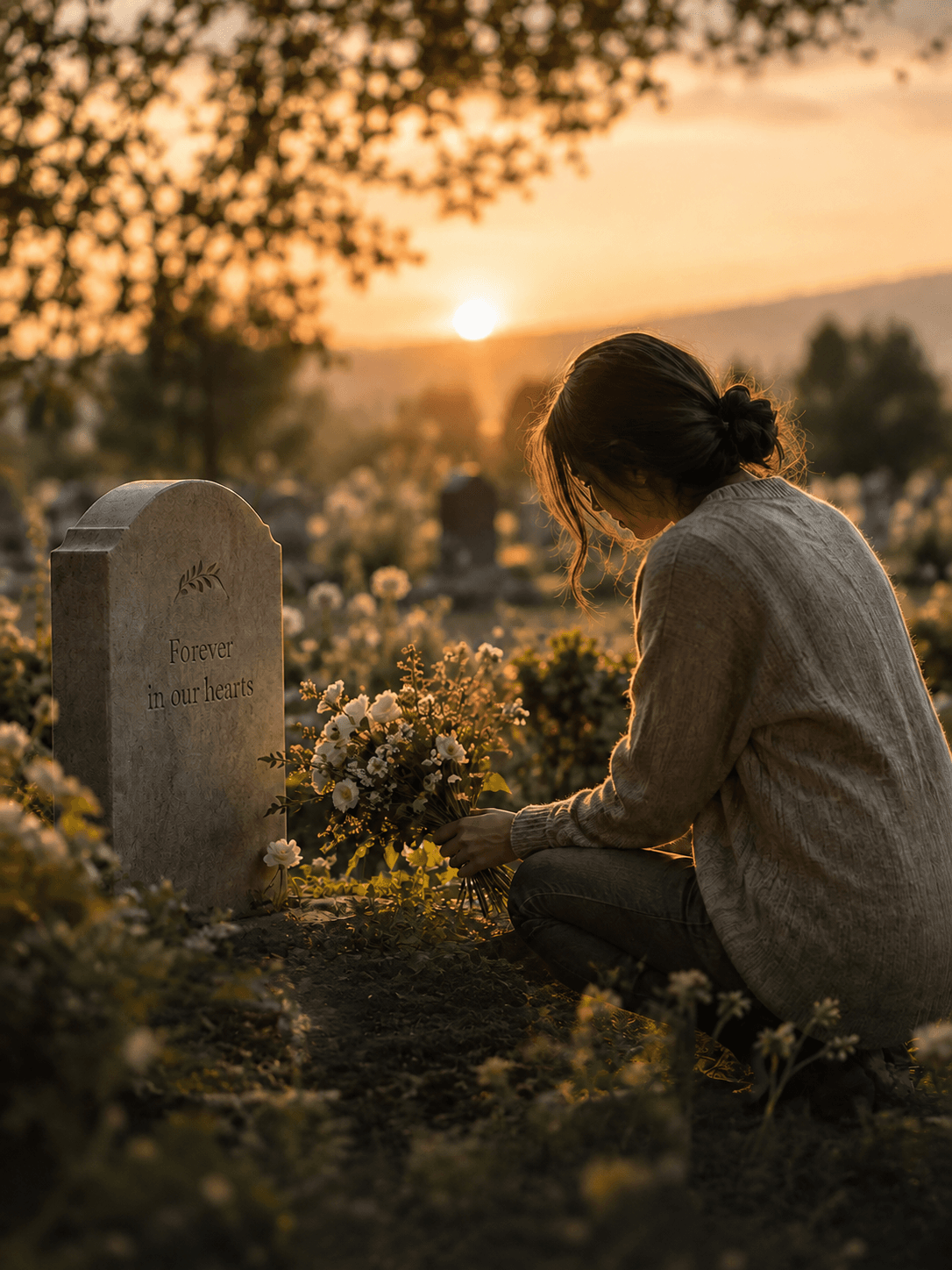 A quiet remembrance with flowers at sunset