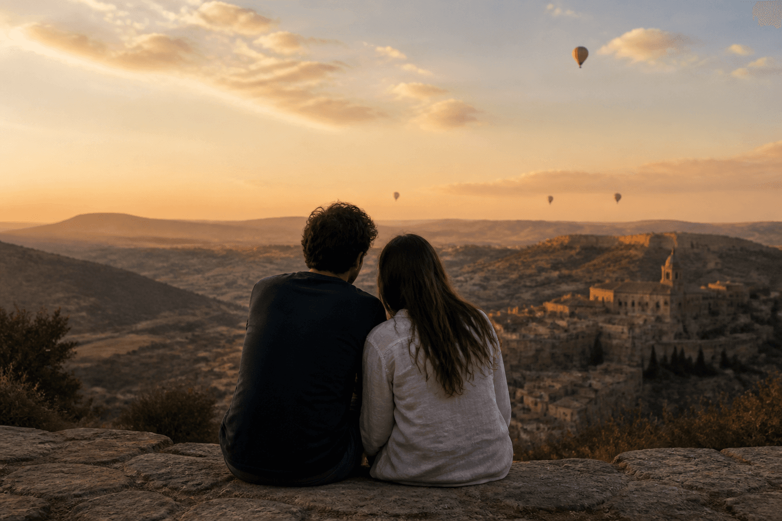 A couple watching the sunset above a valley